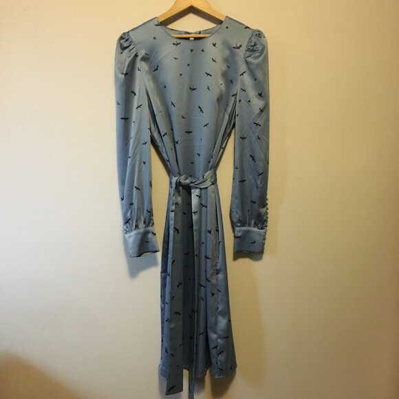 H&M Retro 70s Crane Silky Button Sleeve Belted Midi Dress - Picture 3 of 16